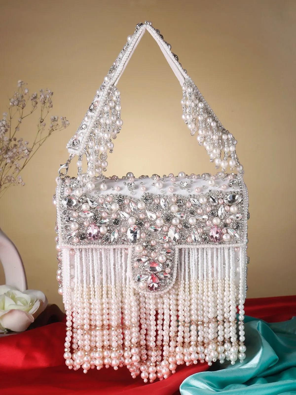 Ivory Charlie Rhinestone Pearl String Flap Clutch