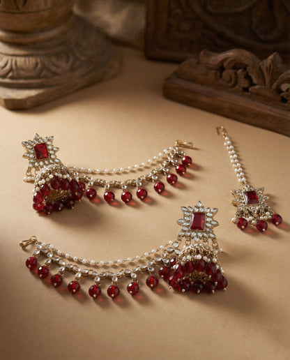 Maroon Kaur Mirror Bahubali Jhumka with Statement Kaan Chain and Teeka