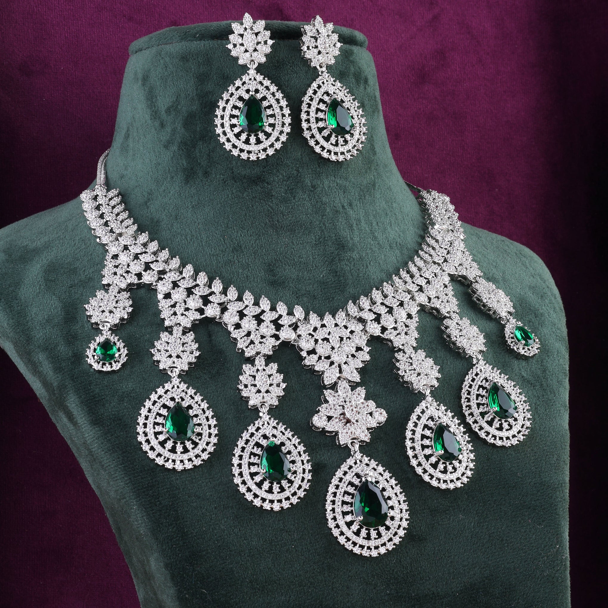 Emerald Anastasia American Diamond Necklace with Earring