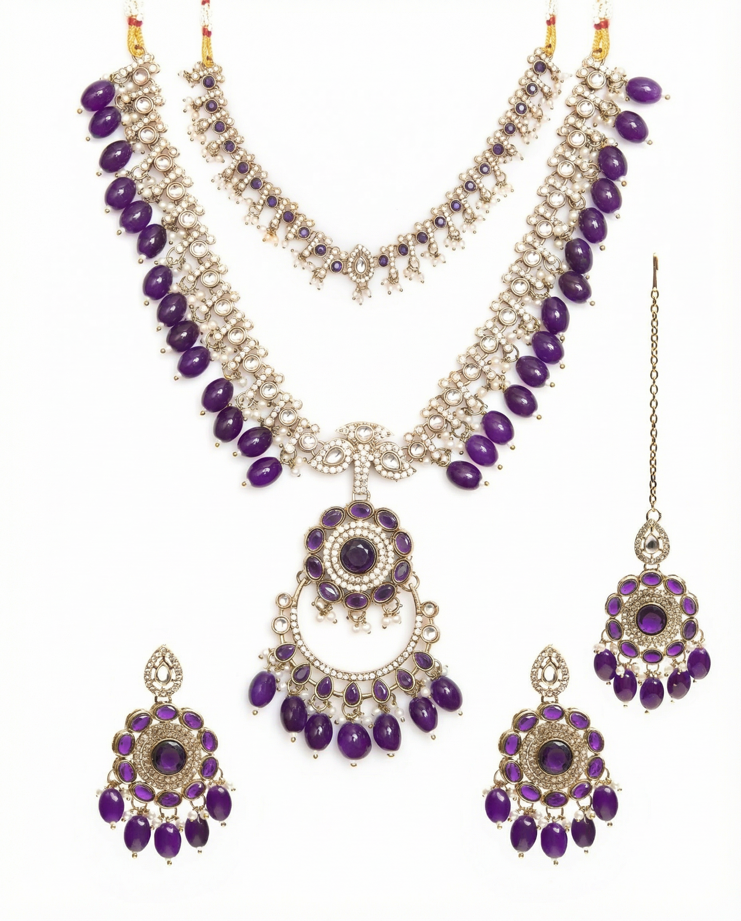 Purple Aanvir Layer Necklace With Earring & Teeka