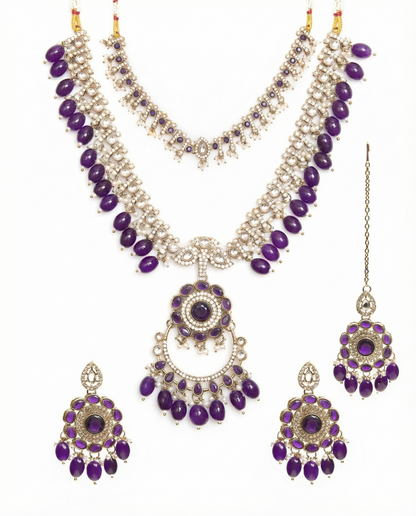 Purple Aanvir Layer Necklace With Earring & Teeka