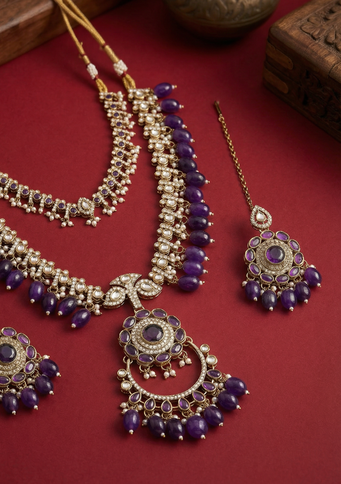 Purple Aanvir Layer Necklace With Earring & Teeka