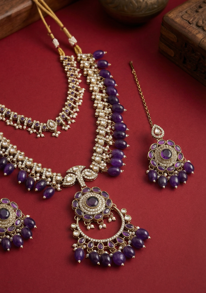 Purple Aanvir Layer Necklace With Earring & Teeka
