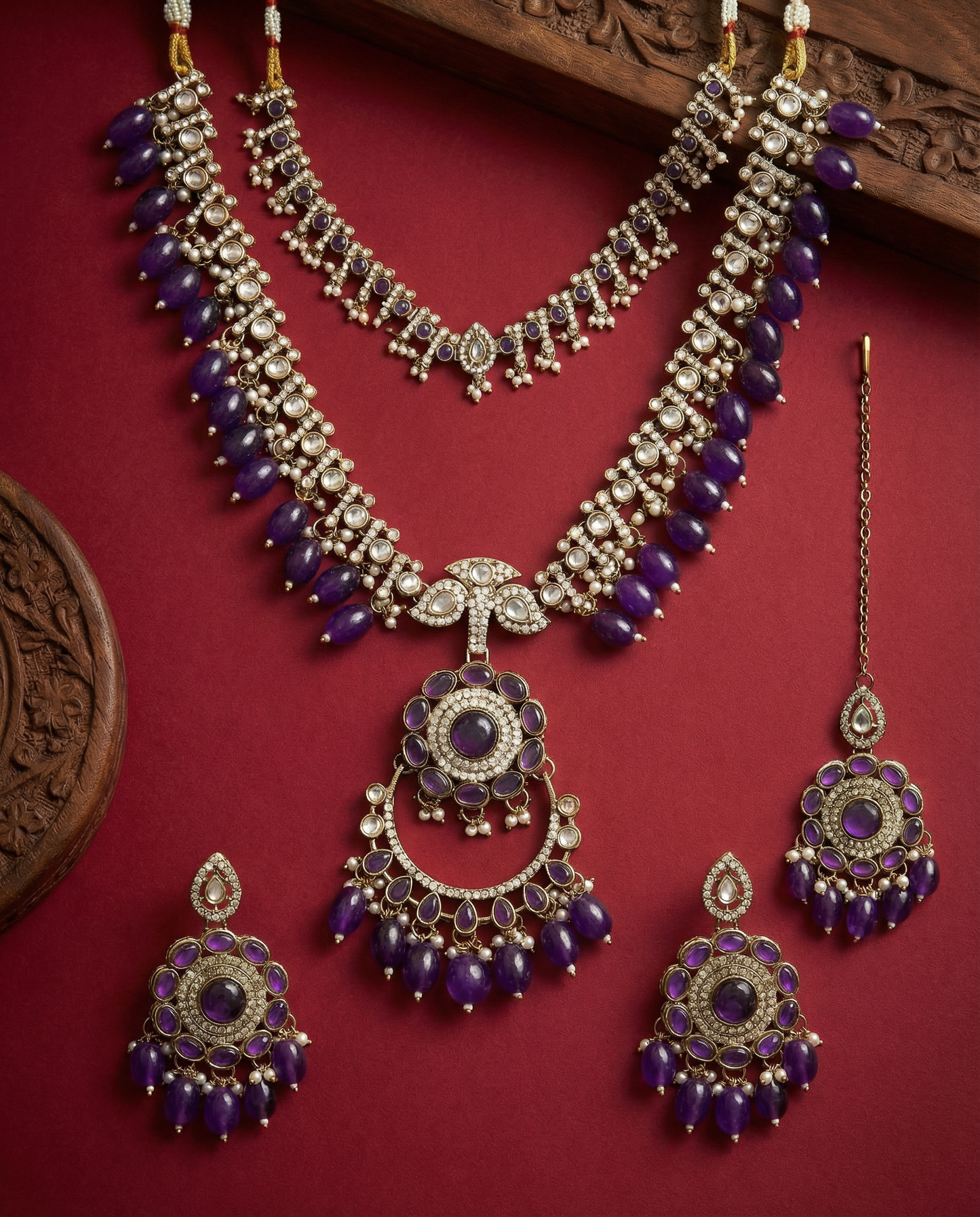 Purple Aanvir Layer Necklace With Earring & Teeka