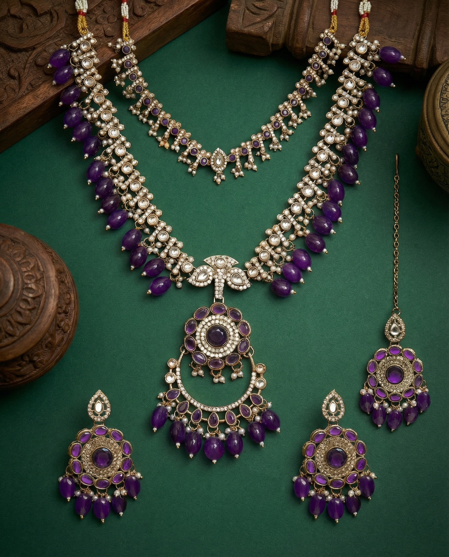 Purple Aanvir Layer Necklace With Earring & Teeka