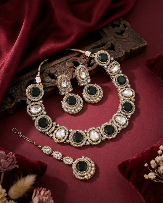 Green Jasnain Premium Polki Dupe Necklace with Earring and Mangteeka
