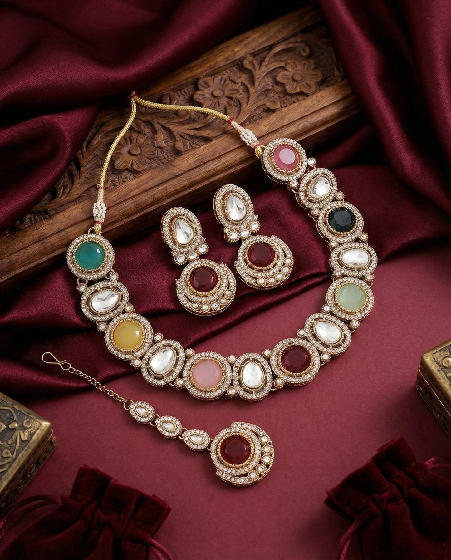 Multi Jasnain Premium Polki Dupe Necklace with Earring and Mangteeka