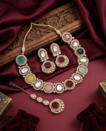 Multi Jasnain Premium Polki Dupe Necklace with Earring and Mangteeka