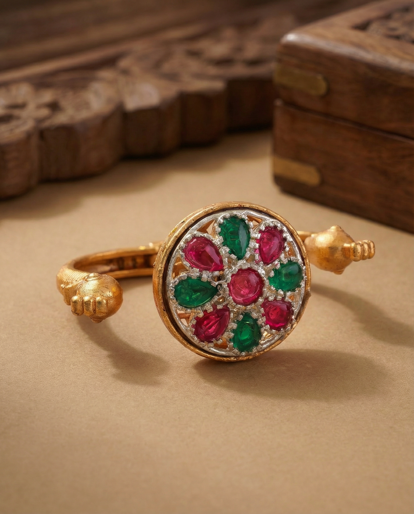 Ruby Green Umisha 2 Finger Brass Gold Statement Ring