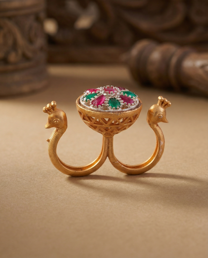 Ruby Green Umisha 2 Finger Brass Gold Statement Ring