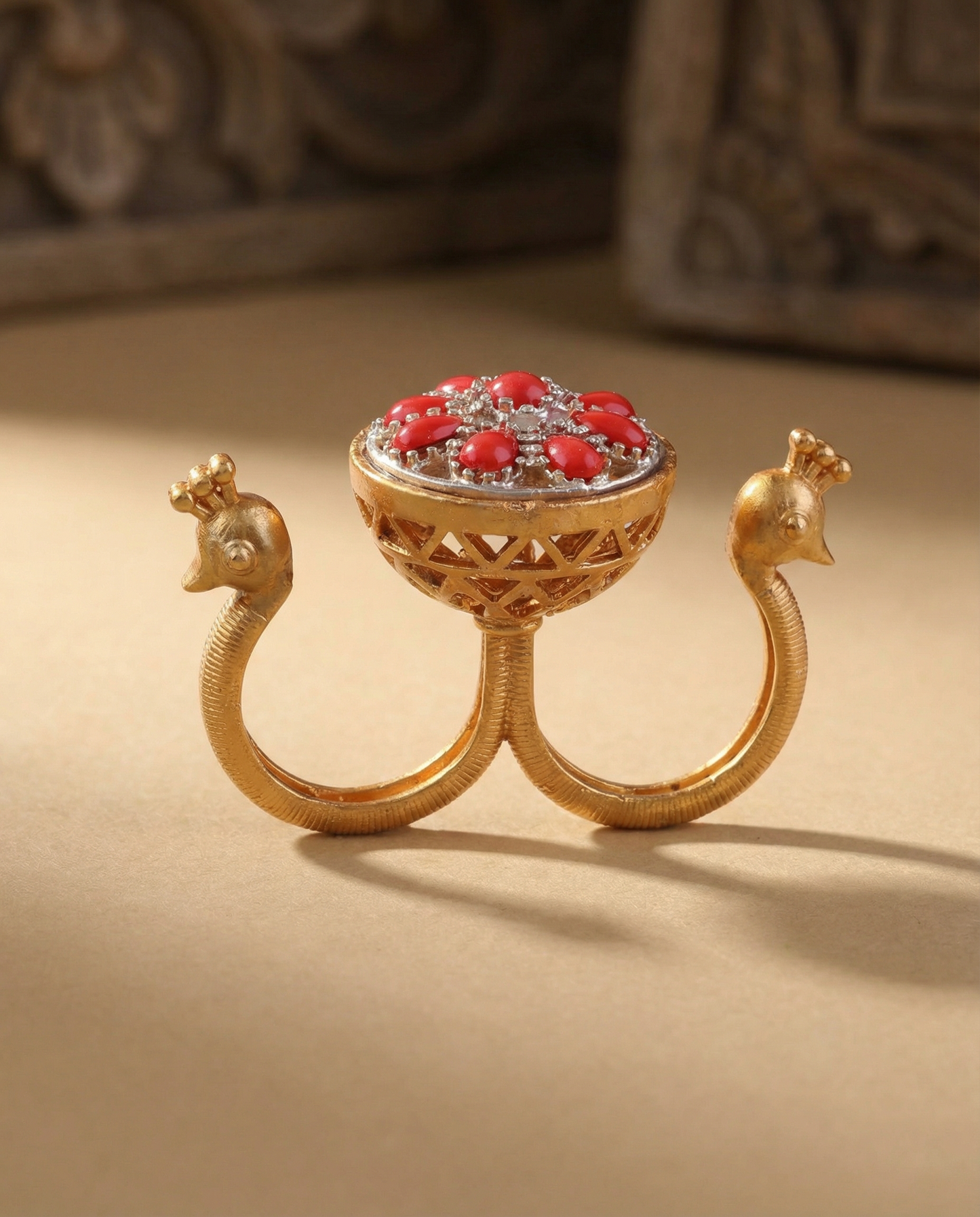 Red Umisha 2 Finger Brass Gold Statement Ring