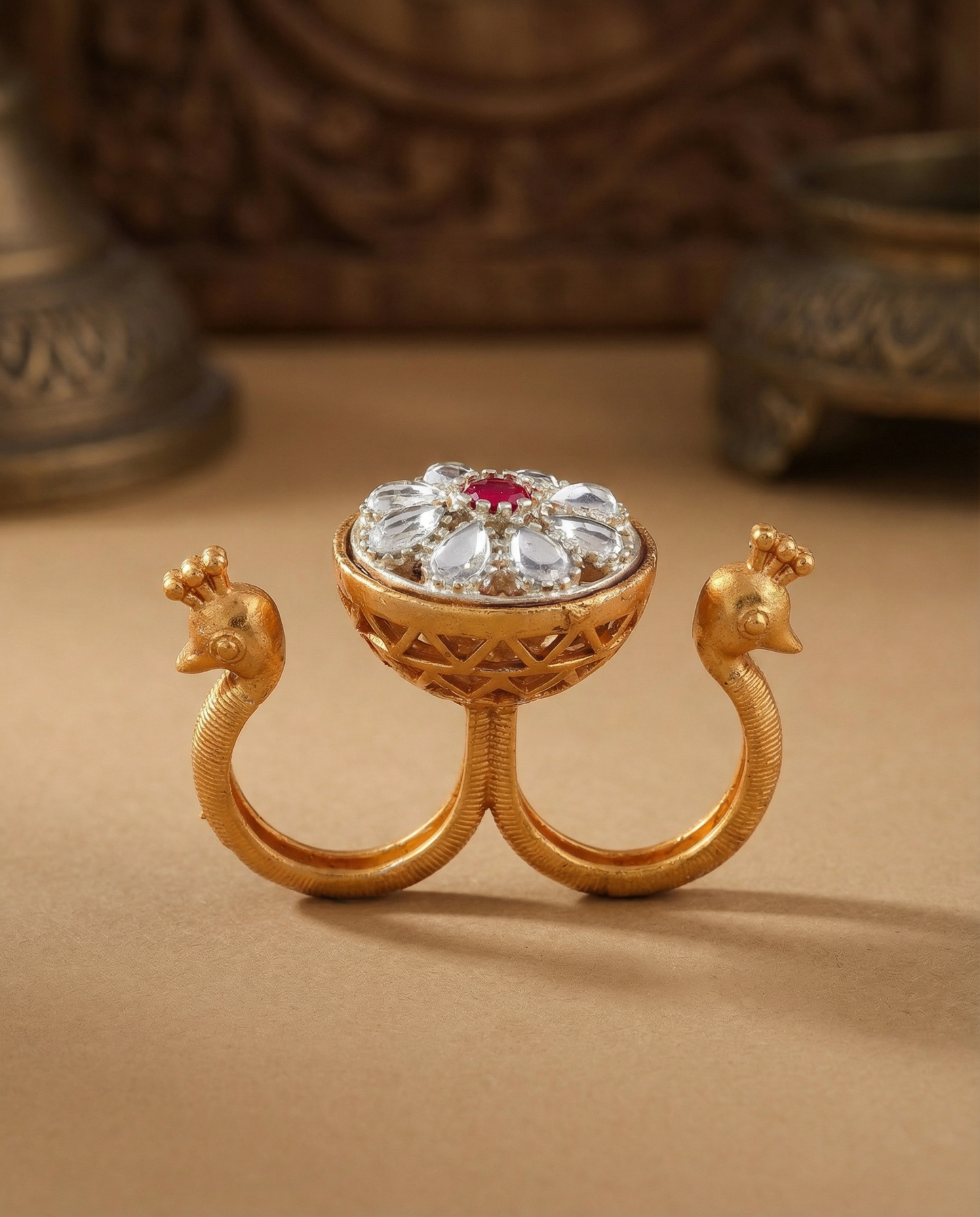 Silver Ruby Umisha 2 Finger Brass Gold Statement Ring