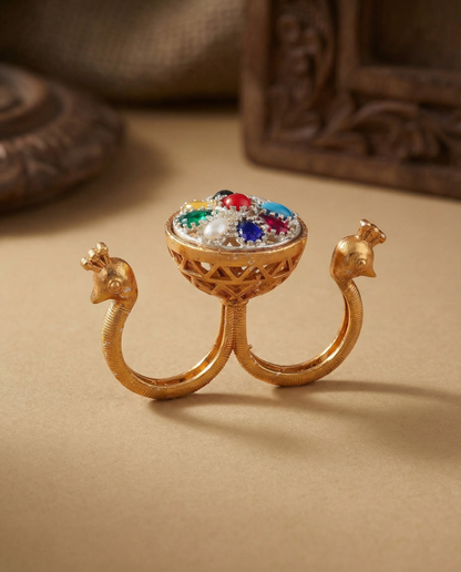 Multi Umisha 2 Finger Brass Gold Statement Ring