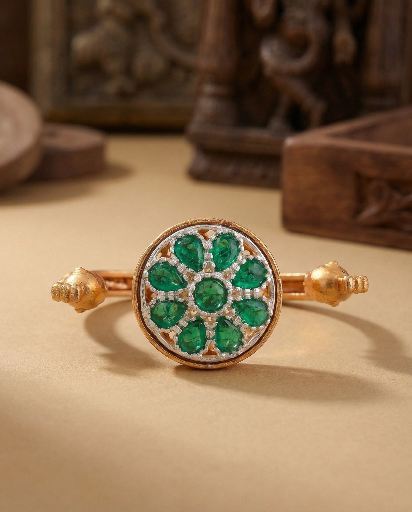 Green Umisha 2 Finger Brass Gold Statement Ring