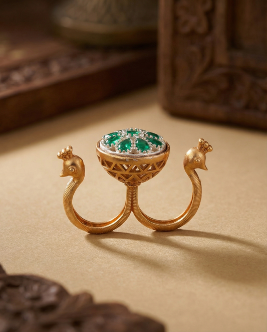 Green Umisha 2 Finger Brass Gold Statement Ring