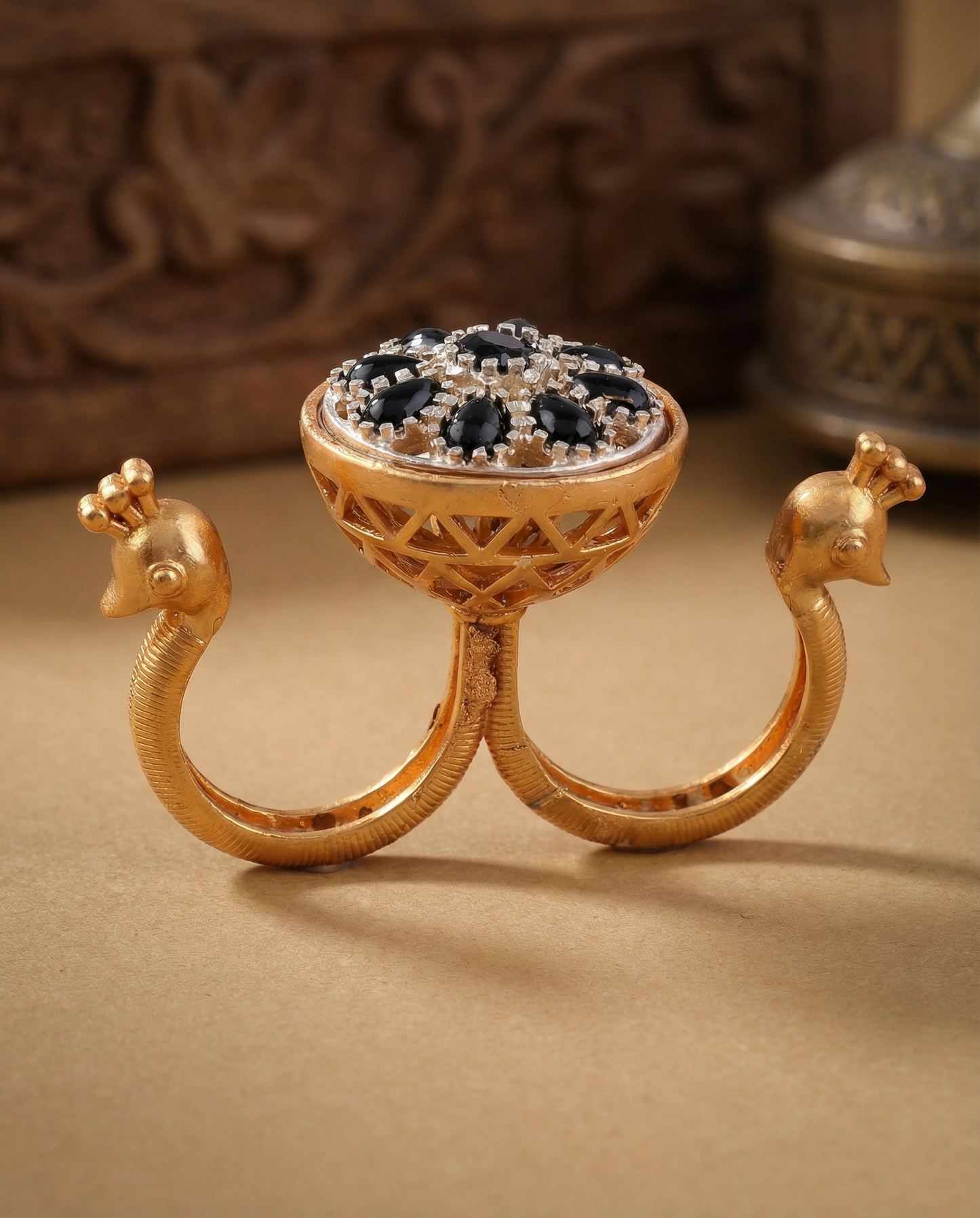 Black Umisha 2 Finger Brass Gold Statement Ring