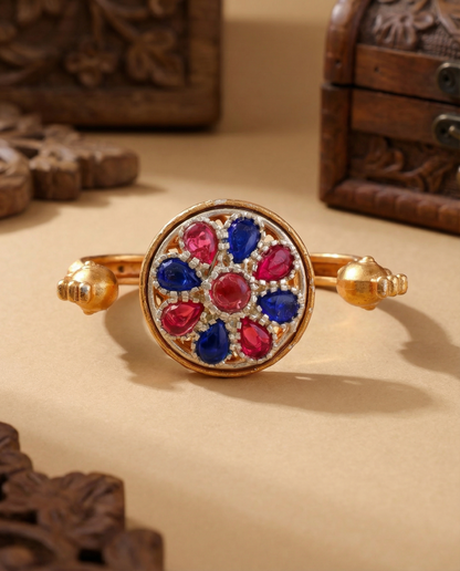 Ruby Blue Umisha 2 Finger Brass Gold Statement Ring