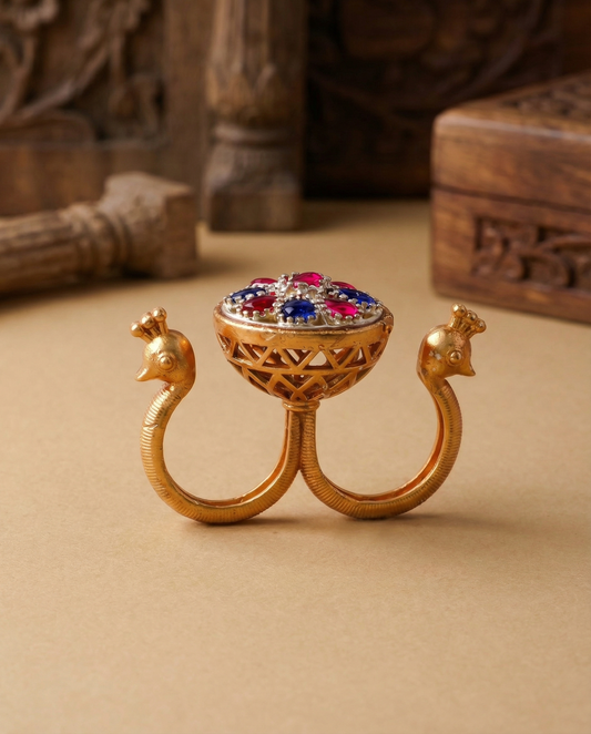 Ruby Blue Umisha 2 Finger Brass Gold Statement Ring