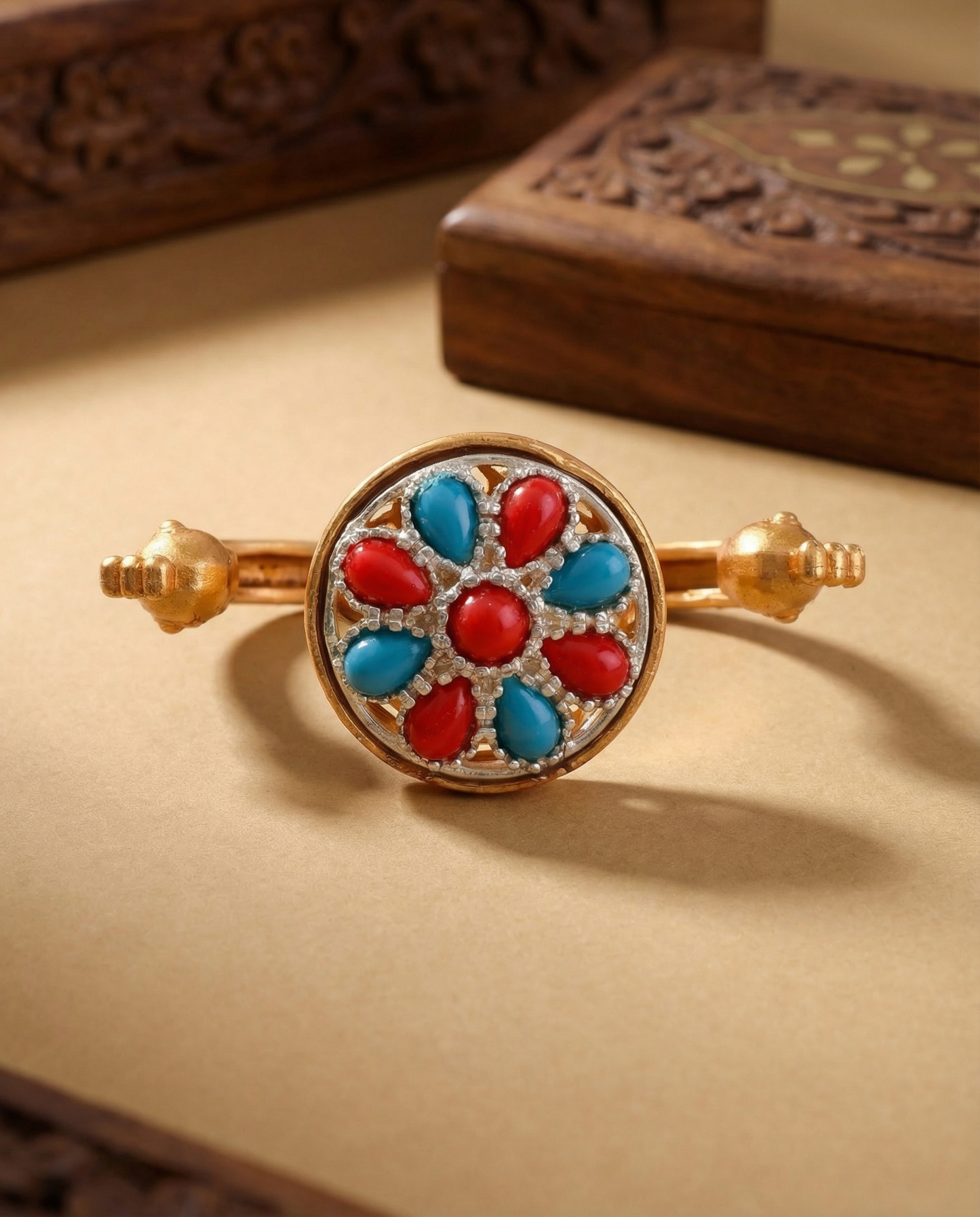 Sky Red Umisha 2 Finger Brass Gold Statement Ring