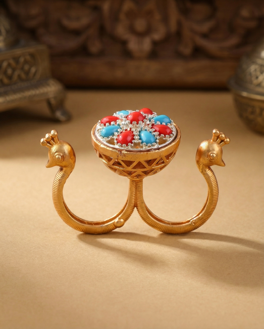 Sky Red Umisha 2 Finger Brass Gold Statement Ring
