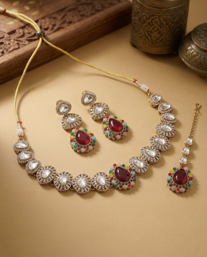 Red Multi Yamuna Premium Zircone Polki Dupe Necklace Set