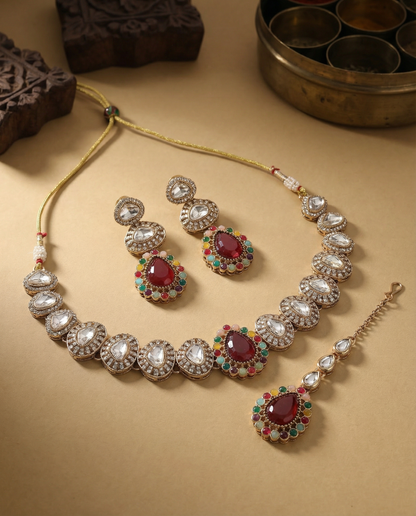 Red Multi Yamuna Premium Zircone Polki Dupe Necklace Set