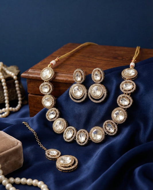 Silver Abir Premium Polki Dupe Necklace with Earring and Teeka