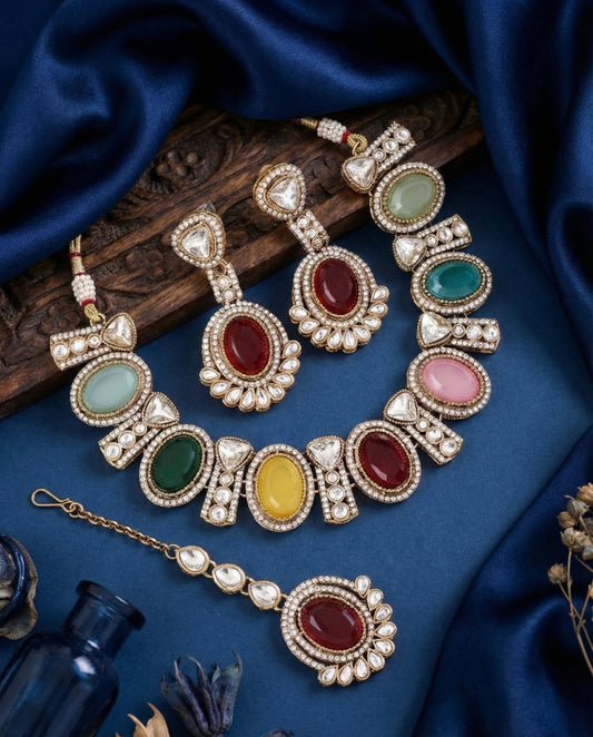Multi Taruja Premium Polki Dupe Necklace with Earring and Mangteeka