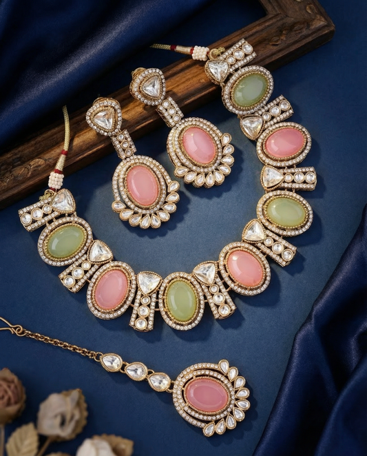 Pastel Taruja Premium Polki Dupe Necklace with Earring and Mangteeka