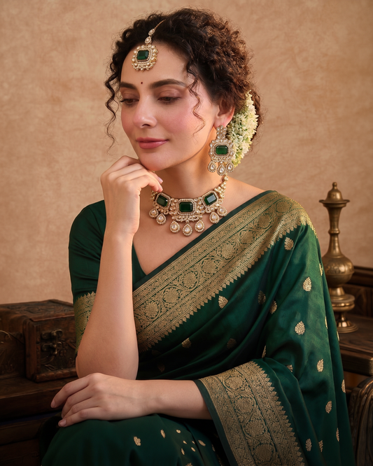 Emerald Harshika Premium Zircone Polki Dupe Necklace Set