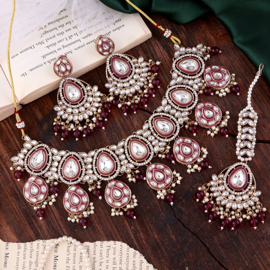 Plum Ruhana Necklace Set with Chandbali Earring and Statement Teeka