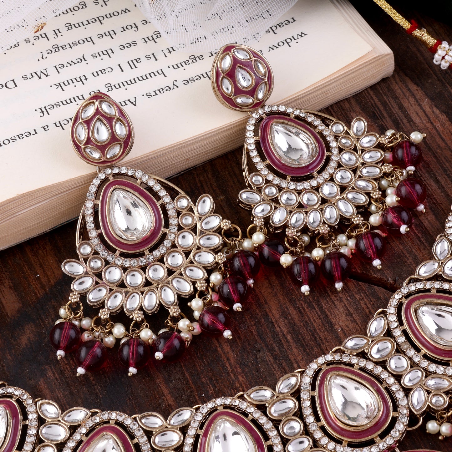 Plum Ruhana Necklace Set with Chandbali Earring and Statement Teeka