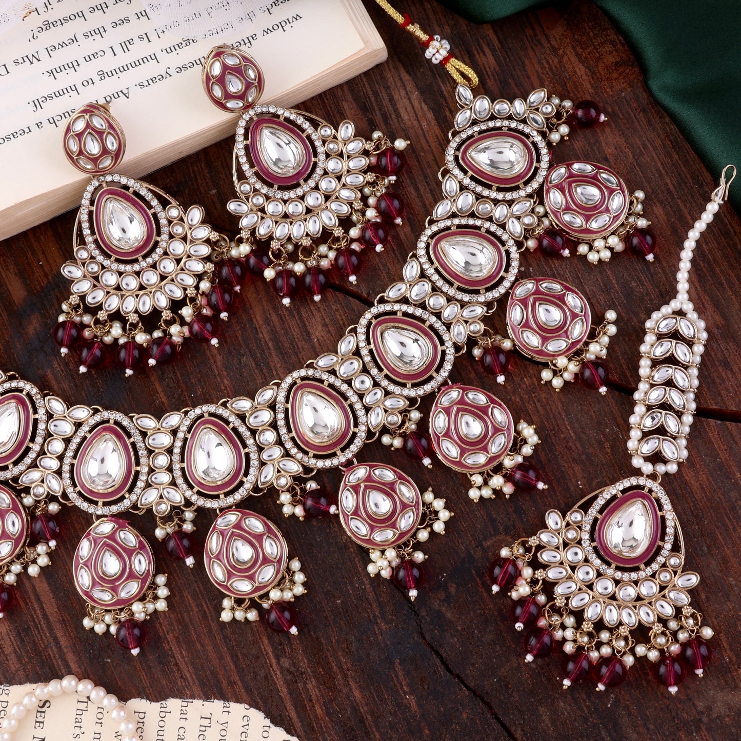 Plum Ruhana Necklace Set with Chandbali Earring and Statement Teeka