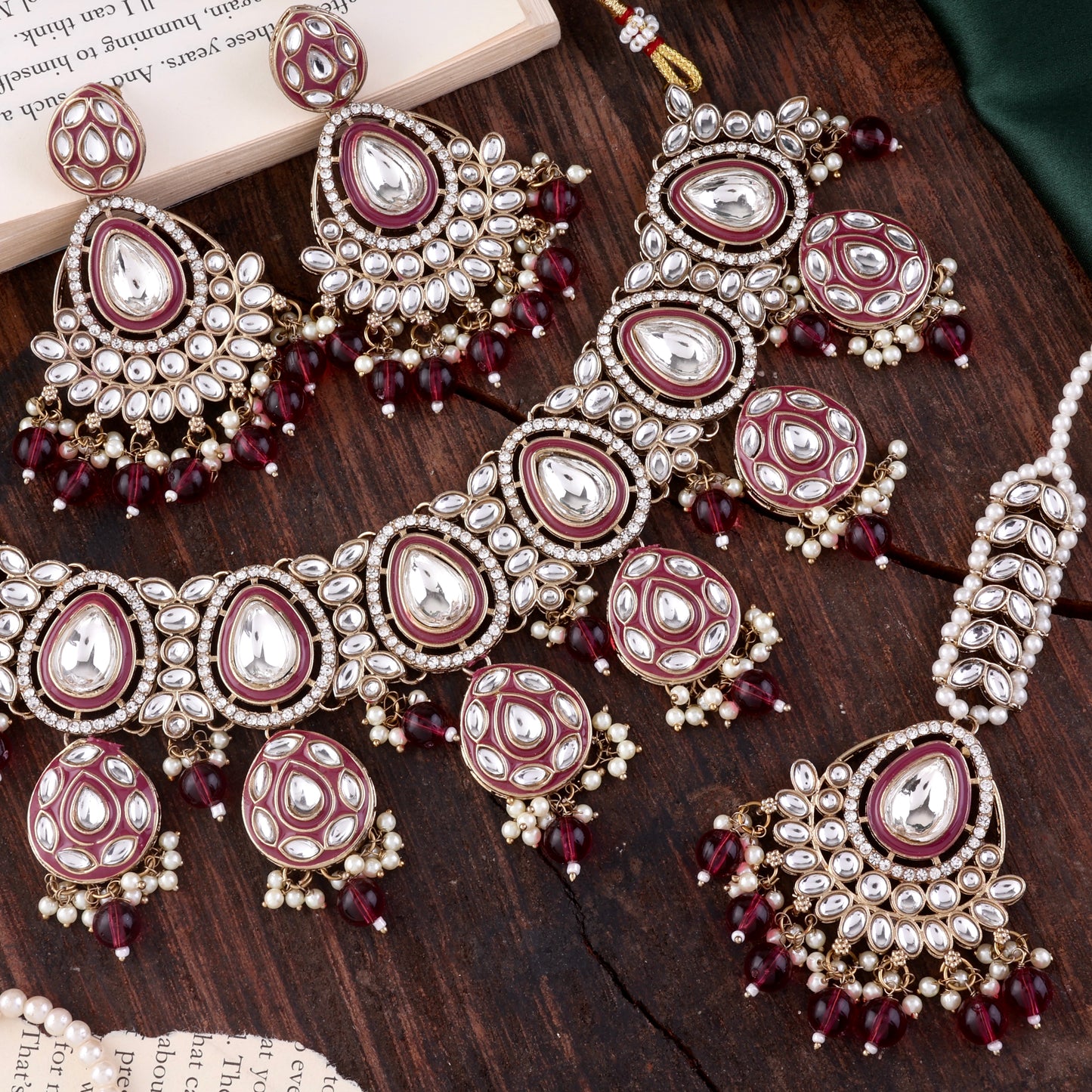 Plum Ruhana Necklace Set with Chandbali Earring and Statement Teeka