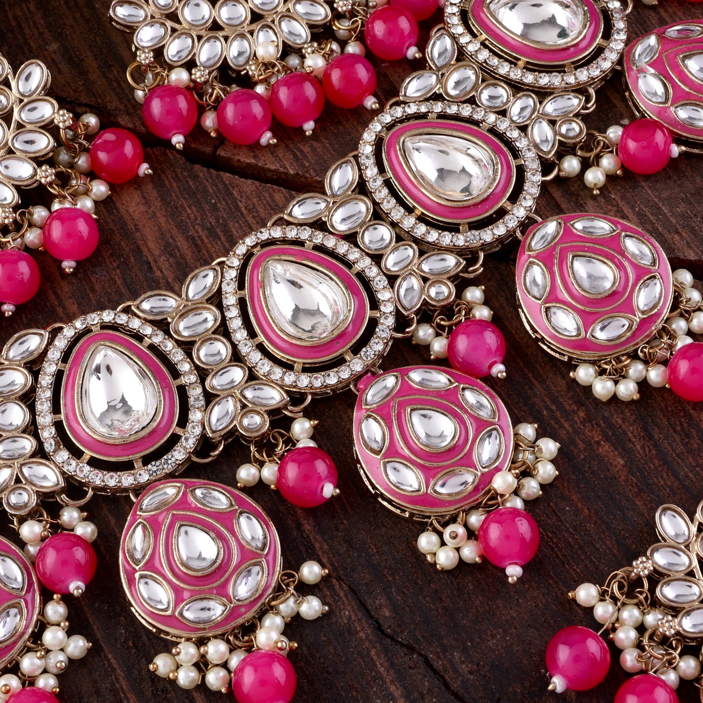 Pink Ruhana Necklace Set with Chandbali Earring and Statement Teeka