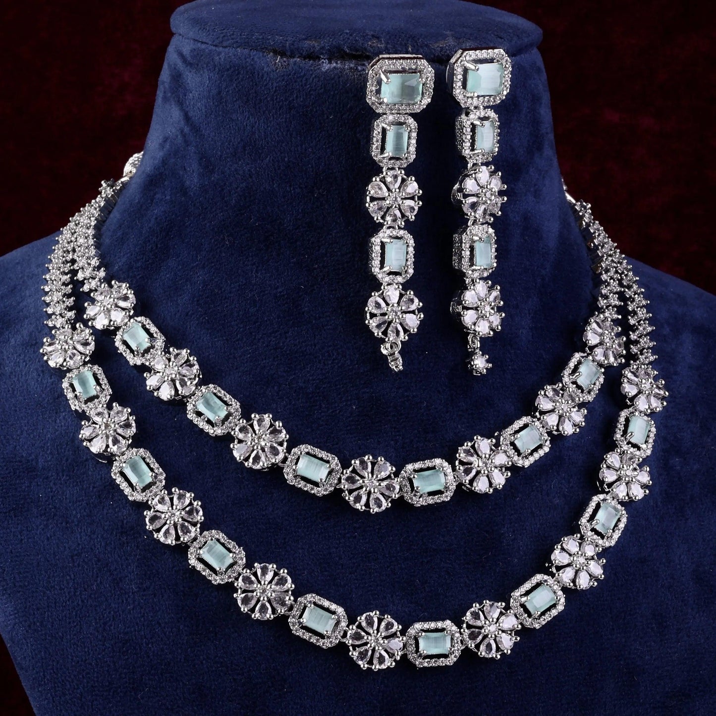 Mint Salina 2 Layer American Diamond Necklace Set