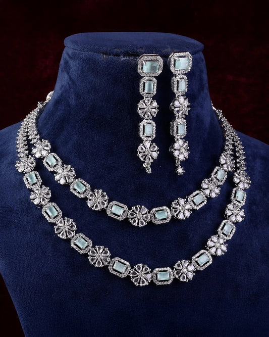 Mint Salina 2 Layer American Diamond Necklace Set