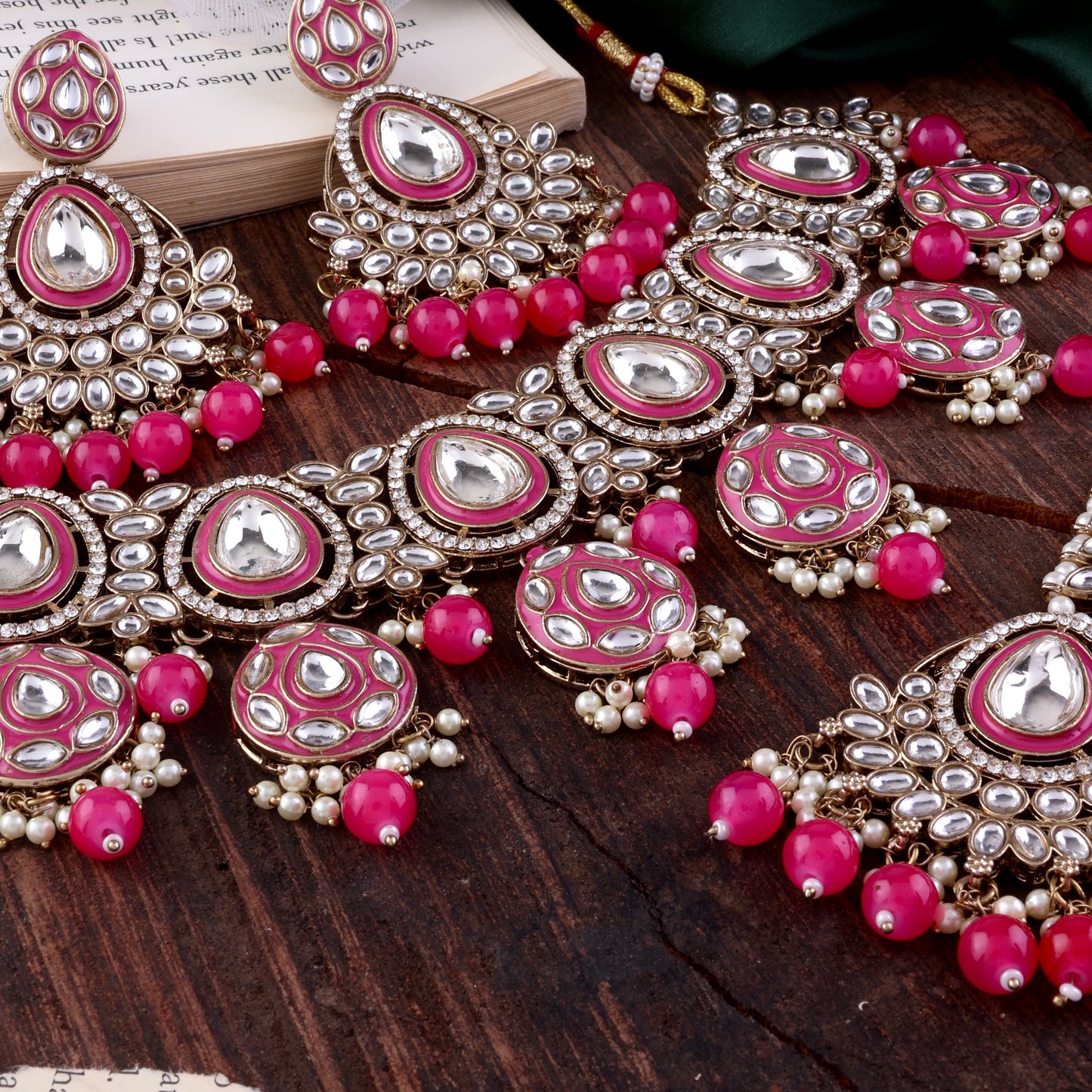 Pink Ruhana Necklace Set with Chandbali Earring and Statement Teeka