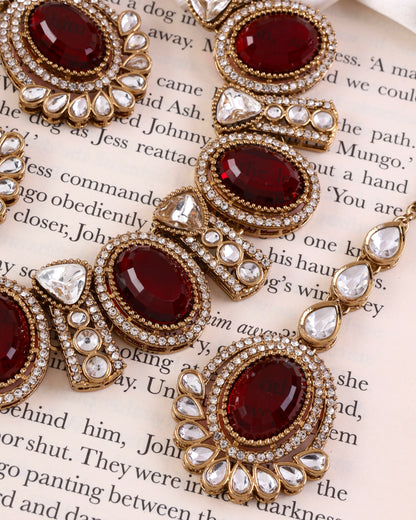 Maroon Taruja Premium Polki Dupe Necklace with Earring and Mangteeka