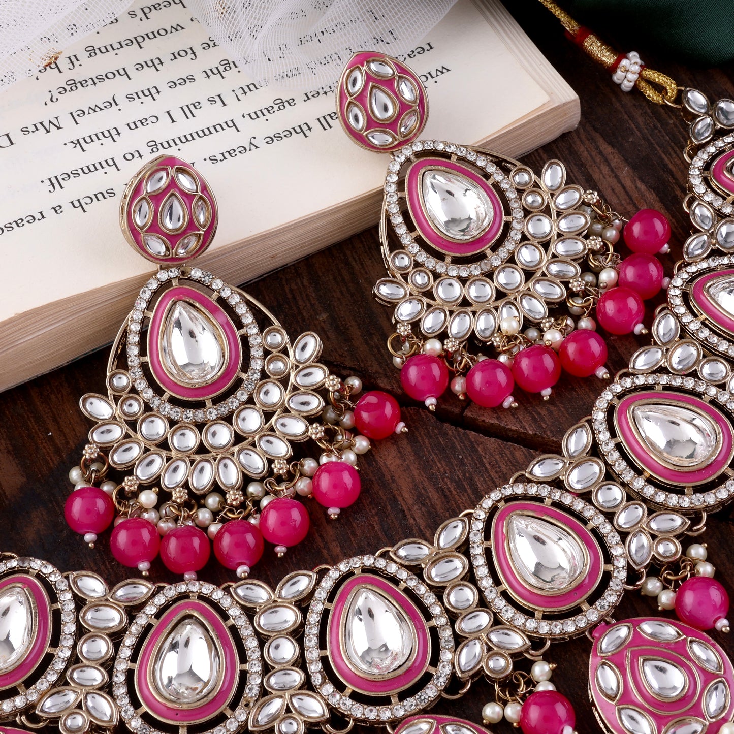 Pink Ruhana Necklace Set with Chandbali Earring and Statement Teeka