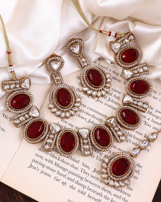 Maroon Taruja Premium Polki Dupe Necklace with Earring and Mangteeka