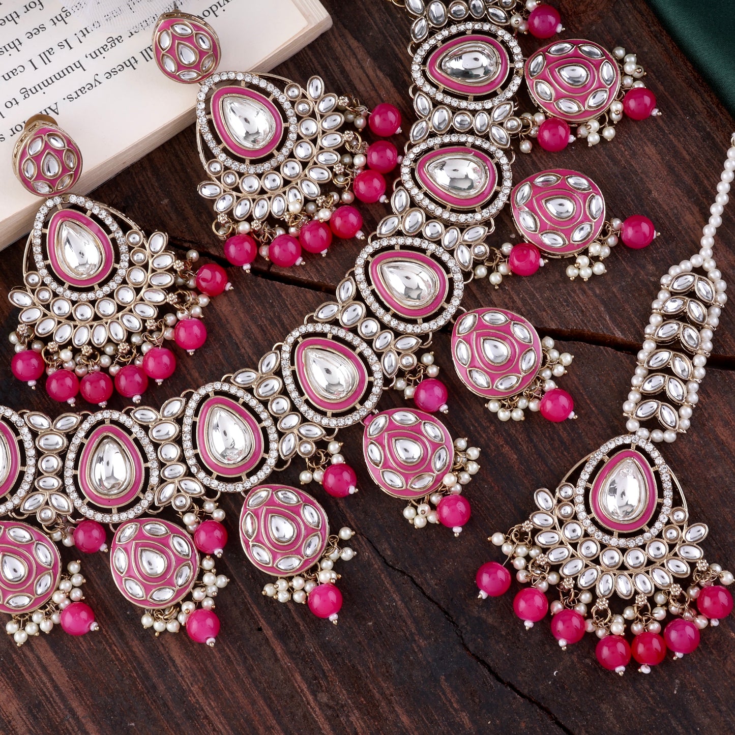 Pink Ruhana Necklace Set with Chandbali Earring and Statement Teeka