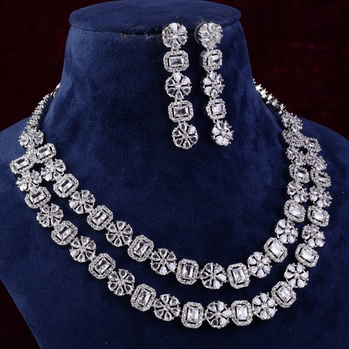 Silver Salina 2 Layer American Diamond Necklace Set