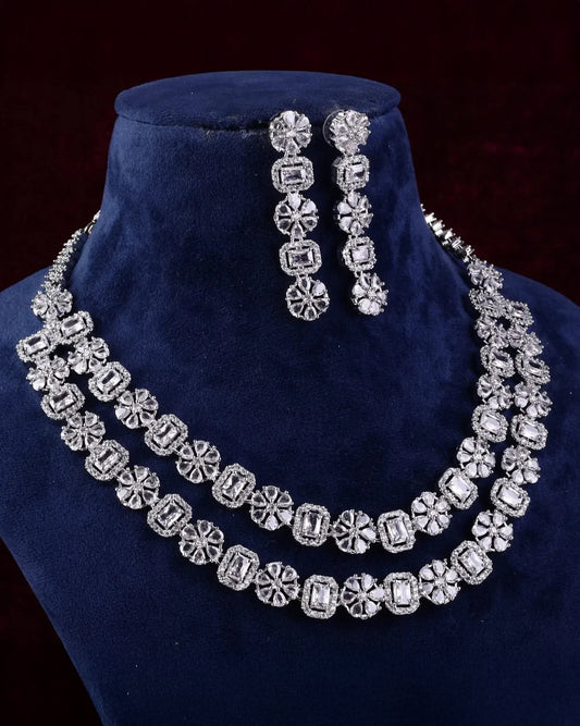 Silver Salina 2 Layer American Diamond Necklace Set