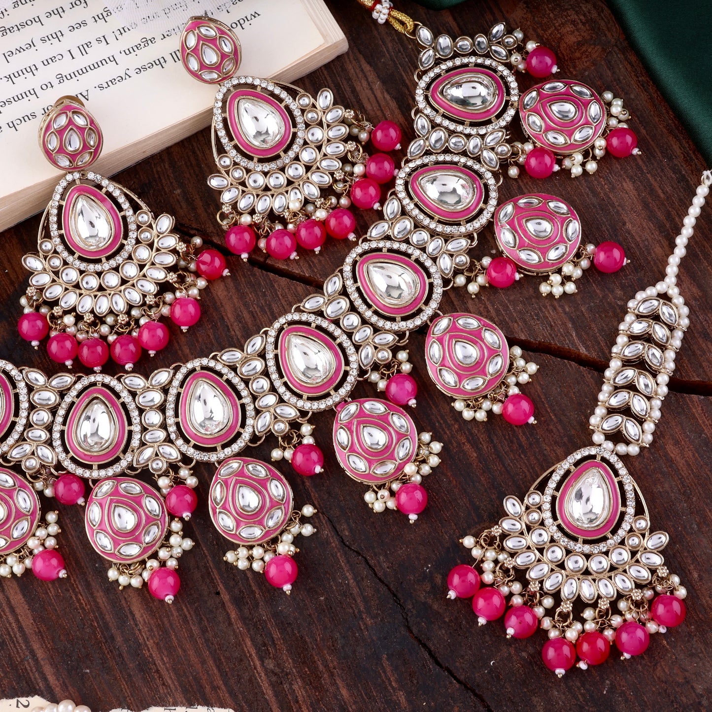 Pink Ruhana Necklace Set with Chandbali Earring and Statement Teeka