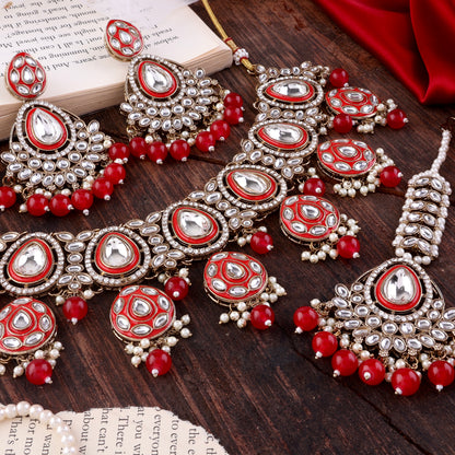 Red Ruhana Necklace Set with Chandbali Earring and Statement Teeka