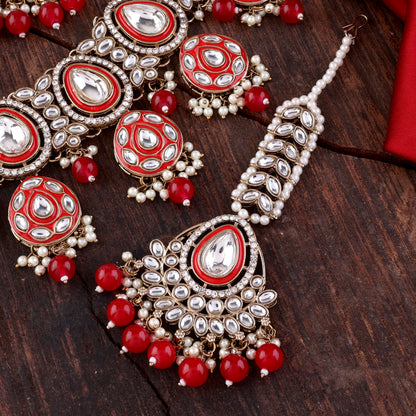 Red Ruhana Necklace Set with Chandbali Earring and Statement Teeka