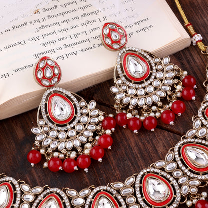 Red Ruhana Necklace Set with Chandbali Earring and Statement Teeka