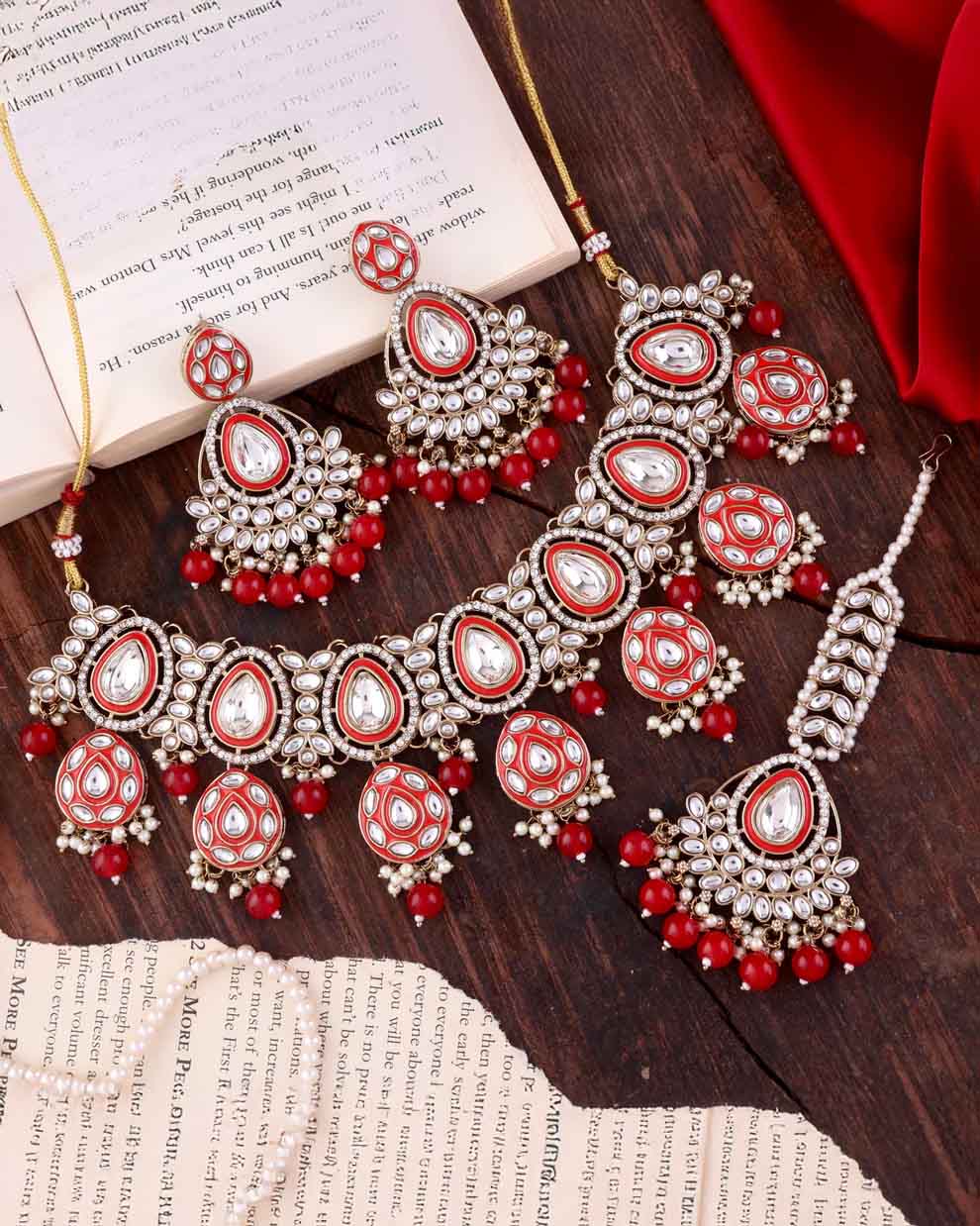 Red Ruhana Necklace Set with Chandbali Earring and Statement Teeka