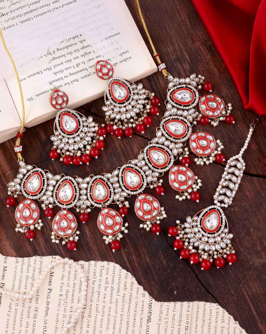 Red Ruhana Necklace Set with Chandbali Earring and Statement Teeka